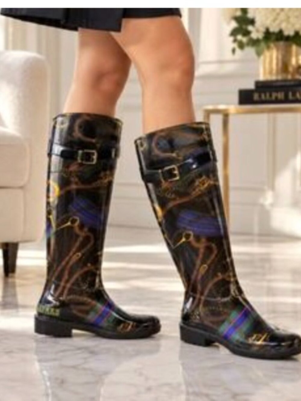 Lauren Ralph Lauren Rosalynn Women’s Glossy Black Patterned Tall Rain Boots Sz 8